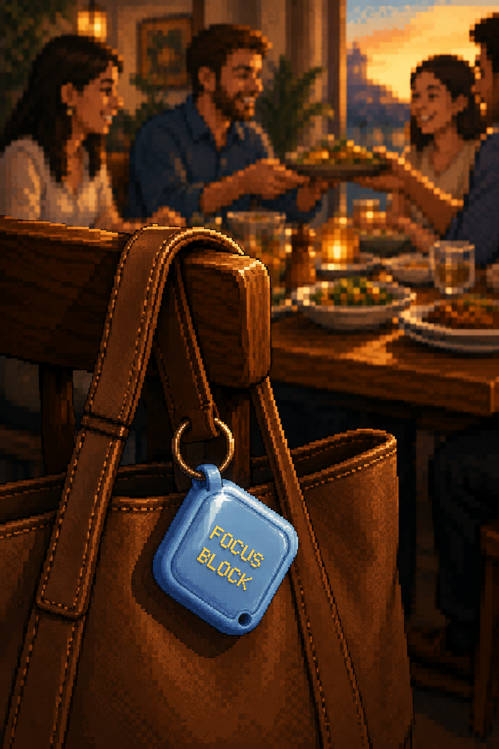 Friends at dinner, the Focus Block tag clipped to a bag