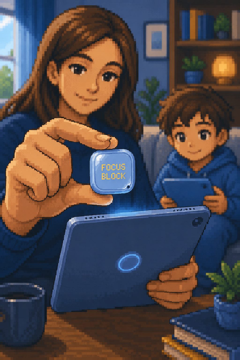 A parent holding the Focus Block tag across devices