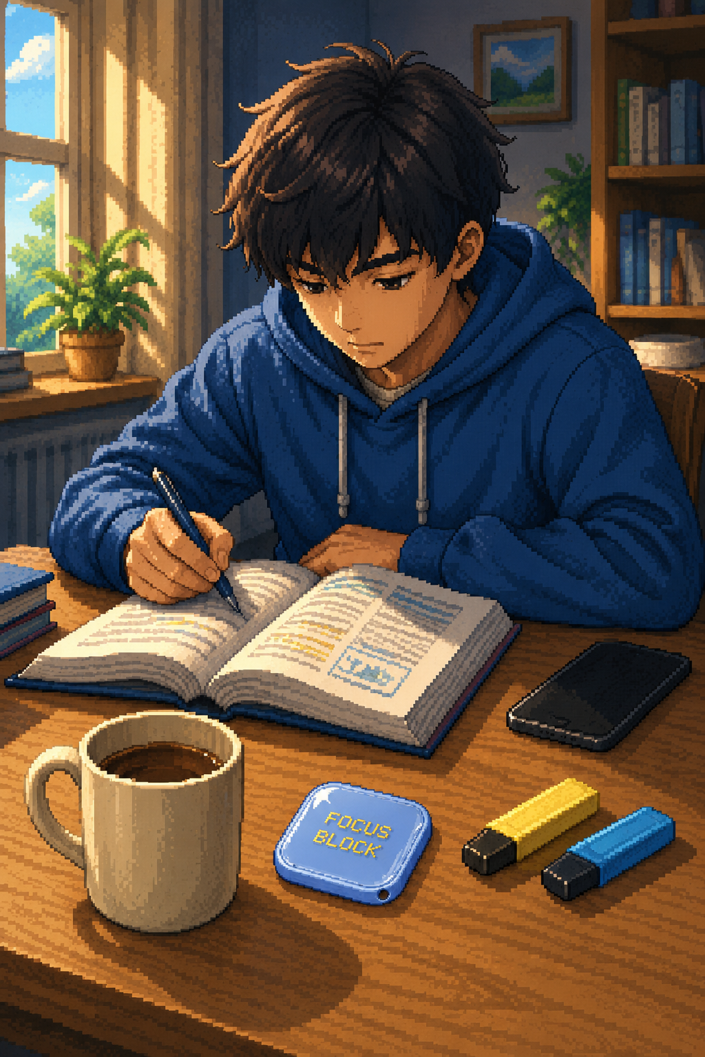 A student studying with the Focus Block tag on the desk